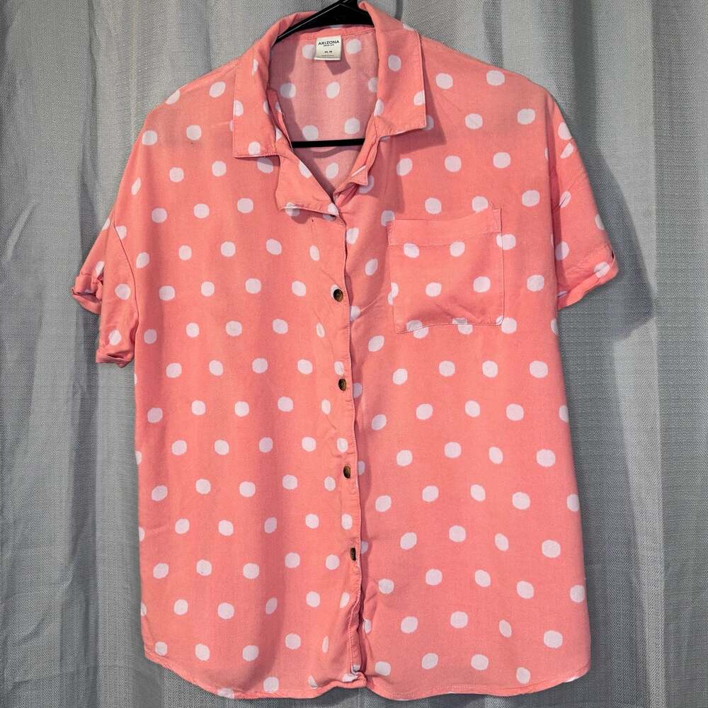 Arizona Jean Co. Women's Pink Polka Dot Short Sleeve Button Down Blouse